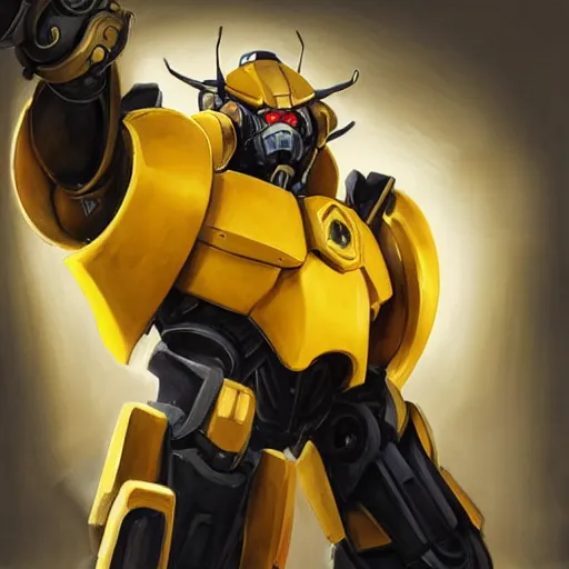 Image similar to greg manchess portrait painting of bumblebee the transformer as overwatch character, medium shot, asymmetrical, profile picture, organic painting, sunny day, matte painting, bold shapes, hard edges, street art, trending on artstation, by huang guangjian, gil elvgren, ruan jia, greg rutkowski, gaston bussiere