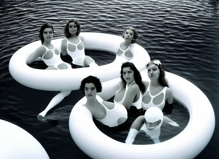 Image similar to realistic photo of a group of common girls in white tights, wearing white spherical helmets, in a big white plastic sci - fi egg - like pool with black water, in a center of the pool with black oil water, the sky is grey 2 0 0 0, life magazine photo,