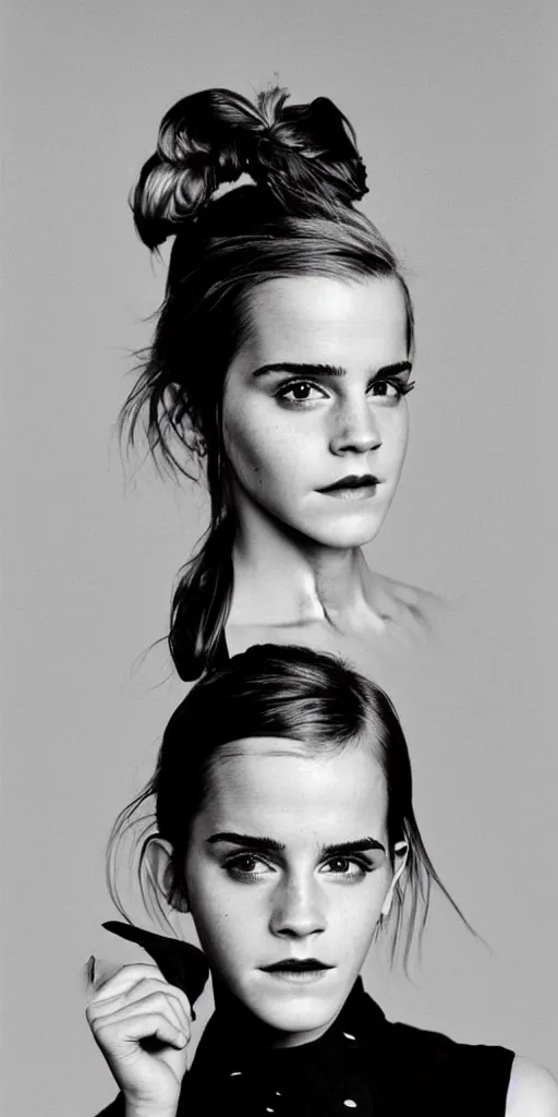 Image similar to Emma Watson closeup face shoulders pigtail hair Vogue fashion shoot by Peter Lindbergh fashion poses detailed professional studio lighting dramatic shadows professional photograph by Cecil Beaton, Lee Miller, Irving Penn, David Bailey, Corinne Day, Patrick Demarchelier, Nick Knight, Herb Ritts, Mario Testino, Tim Walker, Bruce Weber, Edward Steichen, Albert Watson