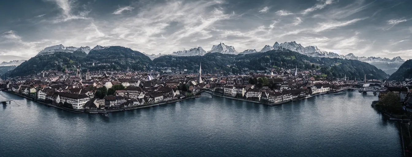 Image similar to Photo of Zurich, looking down the river at the lake and the alps, Hardturm, Grossmünster, wide angle, volumetric light, hyperdetailed, mountain water, artstation, cgsociety, 8k