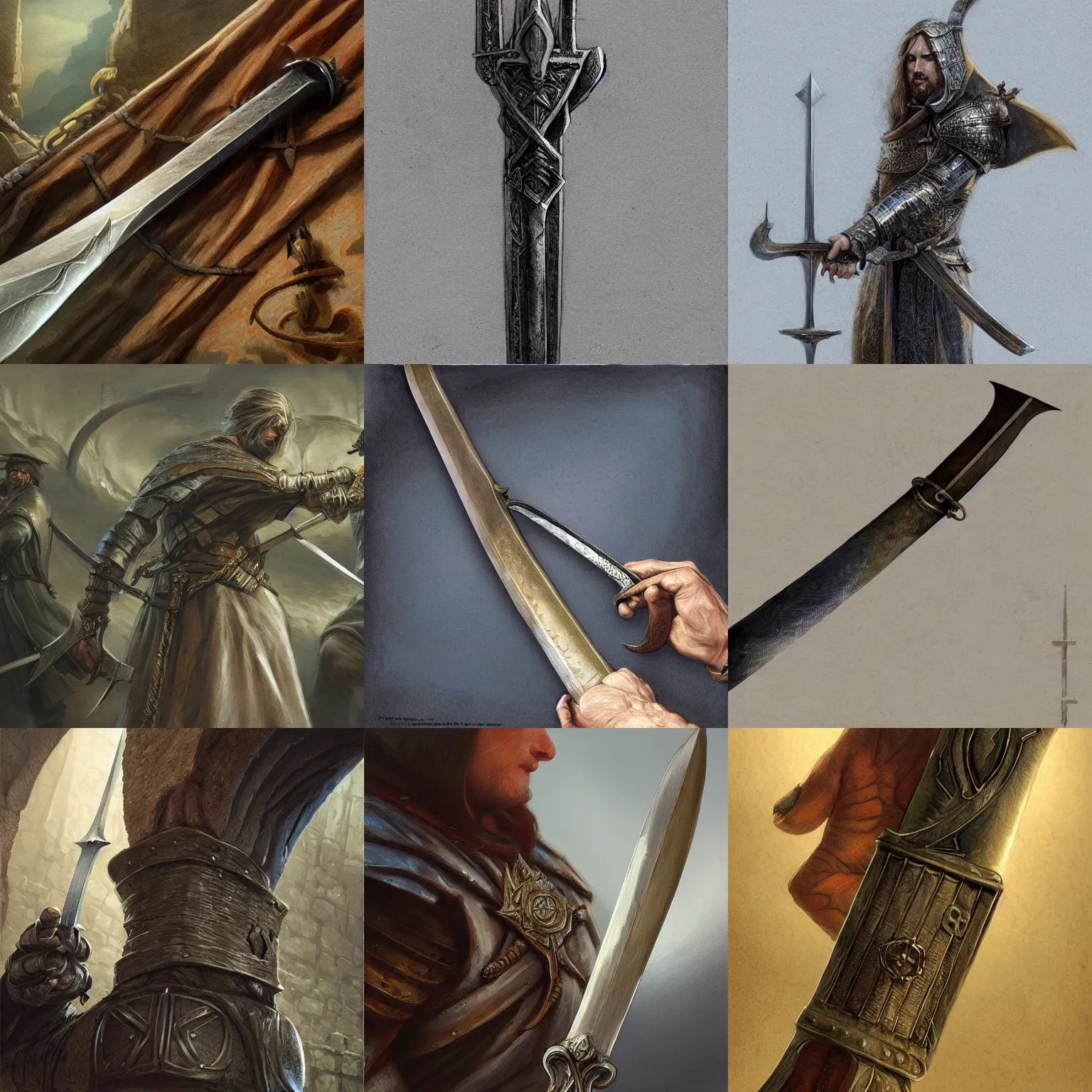 Prompt: hand holding medieval sword, mtg, d & d, highly detailed, artstation, concept art, sharp focus, john howe, briclot, rutkowski