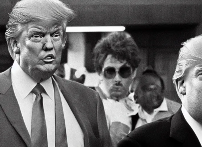 Image similar to film still of Donald Trump as Sonny in Dog Day Afternoon