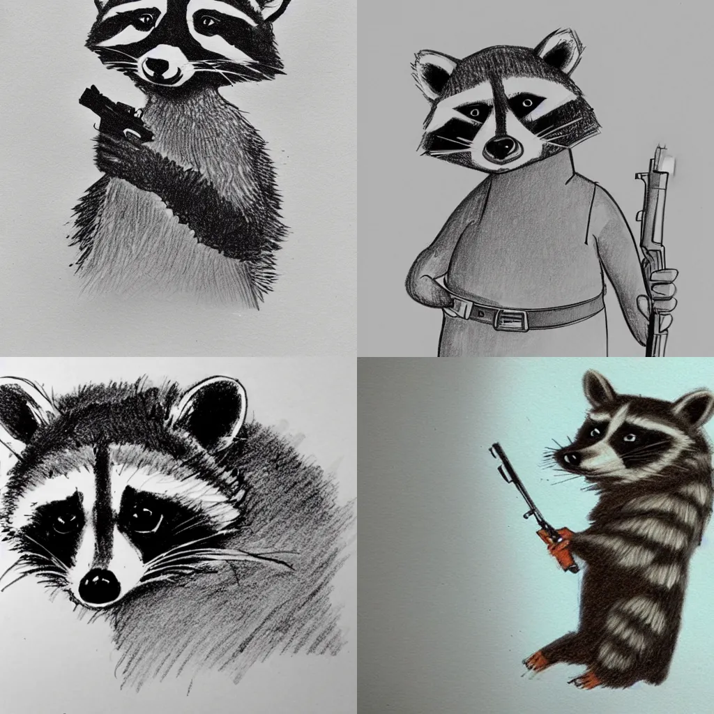 Prompt: a sketch of a raccoon holding a gun