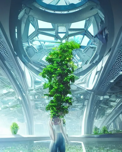 Image similar to beautiful girl!!!!, scifi, futuristic, bright light, highly detailed, concept art, green plants, research complex, school, white building, drones, solar panels, flowers, utopia, sharp focus, trending on artstation, intricate, atmosphere, sunny, art by roman makarenko, dzung phung dinh