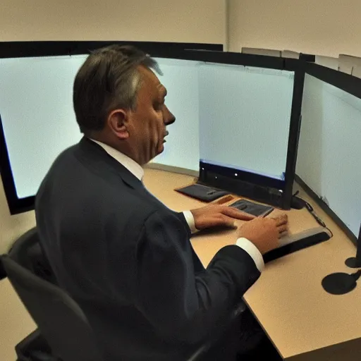 Image similar to viktor orban programming a computer in a cubicle, oil painting