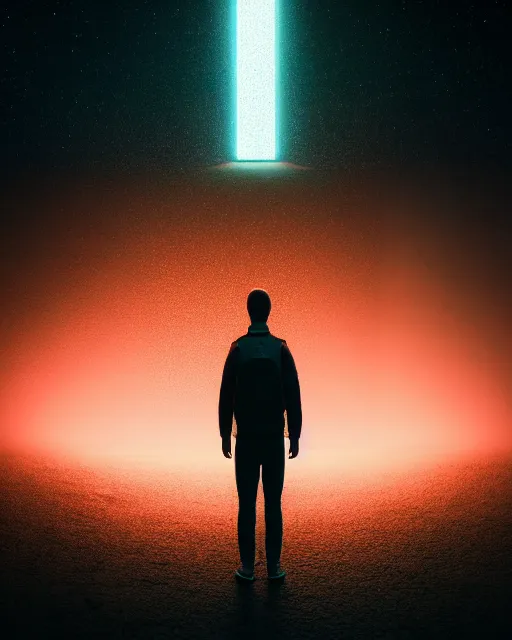 Image similar to a person standing in front of a glowy open door that's on a barren moon, poster art by mike winkelmann, trending on cg society, space art, sci - fi, ue 5, futuristic, volumetric lighting, light casting onto the ground, neat composition and camera angle