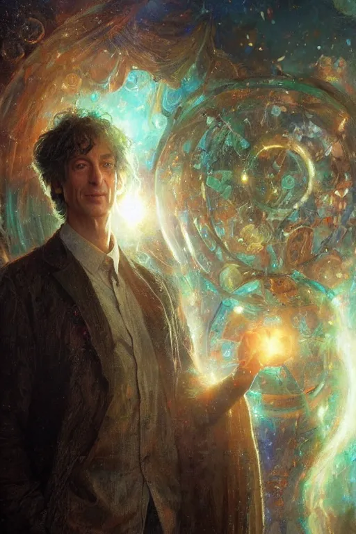 Image similar to neil gaiman as doctor who, radiant light, caustics, heroic, bright iridescent light, by gaston bussiere, bayard wu, greg rutkowski, maxim verehin bloom dramatic lighting