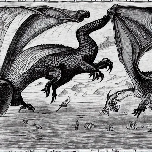 Image similar to an old illustration of a goose fight a dragon, hd, medieval, old paper, hd, 8 k, hyper detailed,