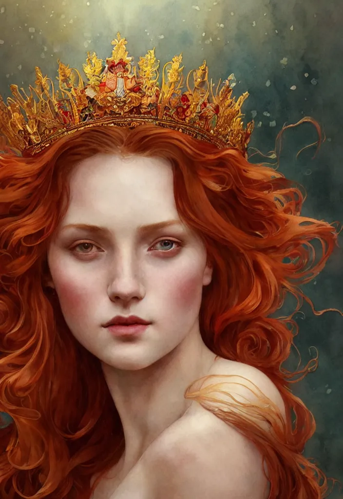 Prompt: beautiful watercolor painting of a young red hair woman wearing a crown of long golden fish, intricate, elegant, highly detailed, digital painting, artstation, concept art, smooth, sharp focus, art by krenz cushart and artem demura and alphonse mucha, dynamic lighting, full body shot, ultrarealistic, cinematic, octane render, 8 k