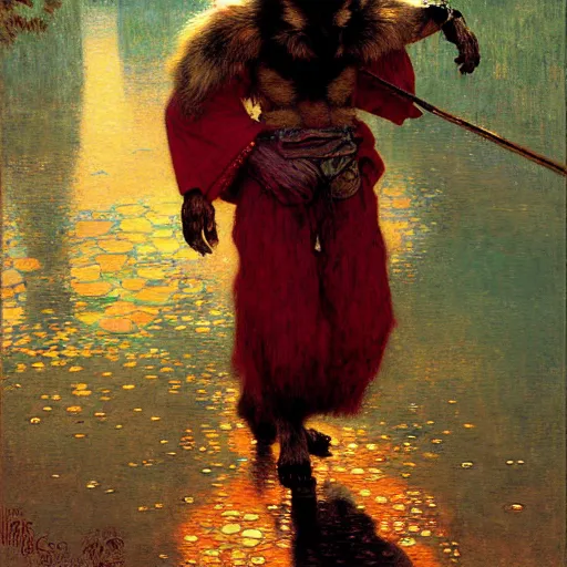 Prompt: a male ratwolfman rat wolf man in a red kimono furry arms furry body walking stick new york. furaffinity furry art detailed face painting by gaston bussiere craig mullins jc leyendecker gustav klimt artgerm greg rutkowski furry