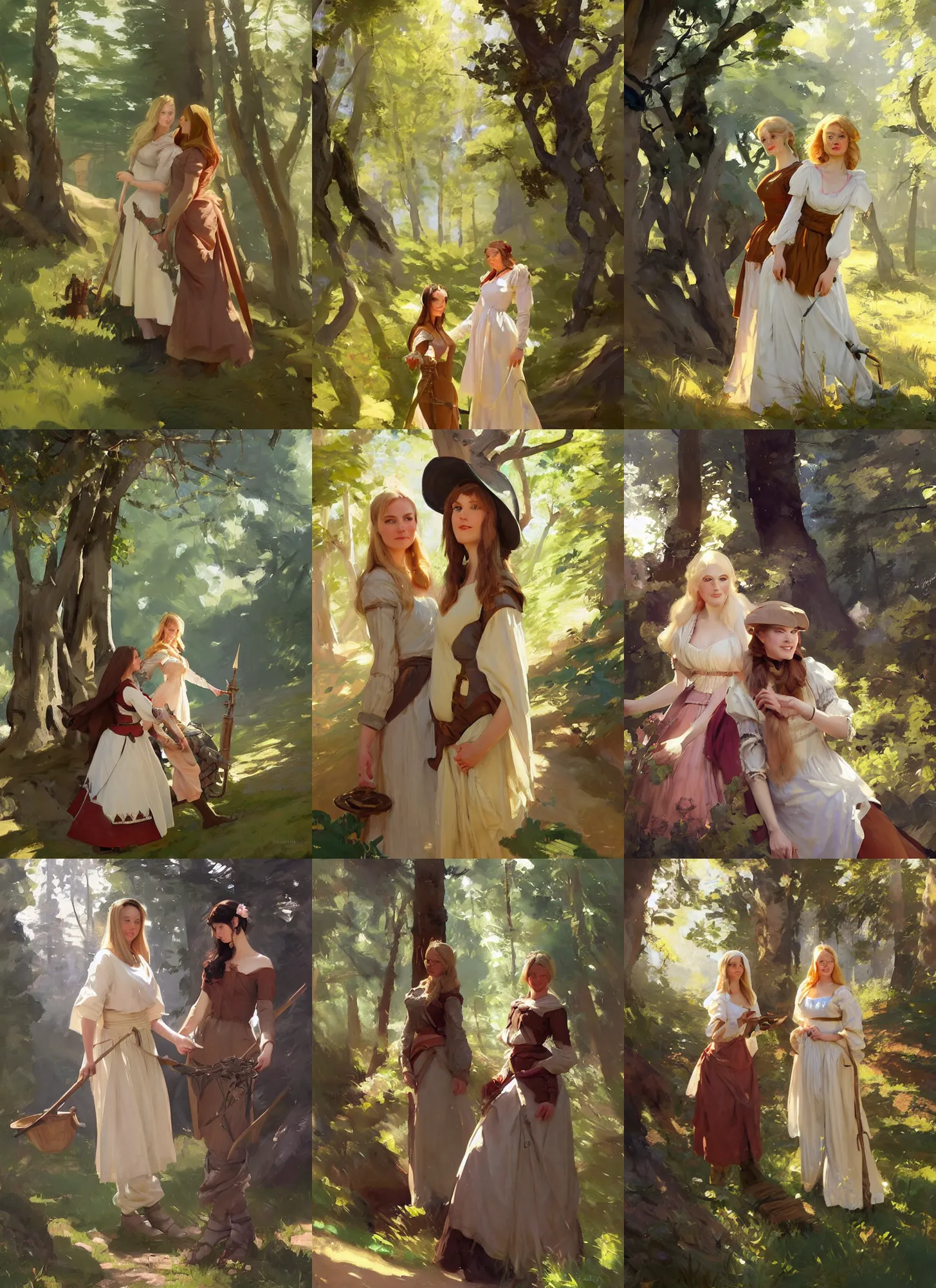 Prompt: portrait of two beautiful finnish norwegian swedish attractive medieval village maidens in the woods in a sunny day, jodhpurs greg manchess painting by sargent and leyendecker, studio ghibli fantasy medium shot asymmetrical intricate elegant matte painting illustration hearthstone, by greg rutkowski by greg tocchini by james gilleard