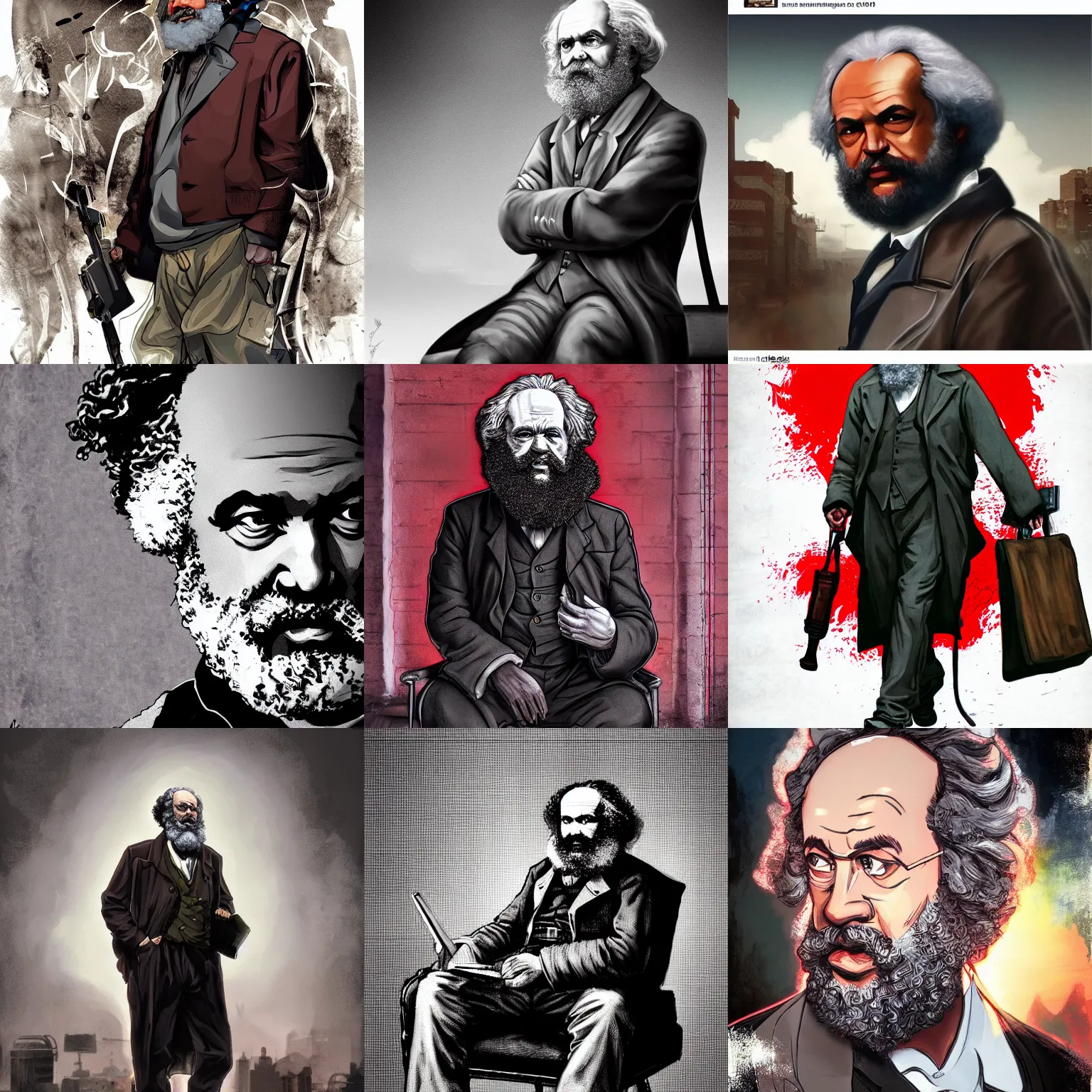 Prompt: Karl marx in the boondocks, highly detailed, hyperrealism, excellent composition, cinematic concept art, dramatic lighting, trending on ArtStation