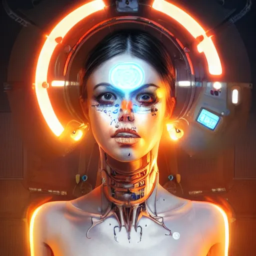 Image similar to An Alien Robot Cyberpunk Naughty Nurse, facial tattoos, glowing clothing apparatus, artists portrait, biomechanical, Emergency Room, fantasy, highly detailed, digital painting, concept art, sharp focus, depth of field blur, illustration, art by artgerm and greg rutkowski and alphonse mucha