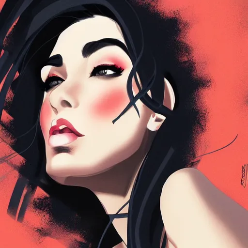 Image similar to a stunning upper body portrait of a beautiful woman with black hair blowing in the wind by marvel comics, digital art, trending on artstation