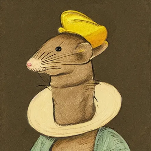 Prompt: portrait of a humanoid rat wearing a hat in the style of piccaso