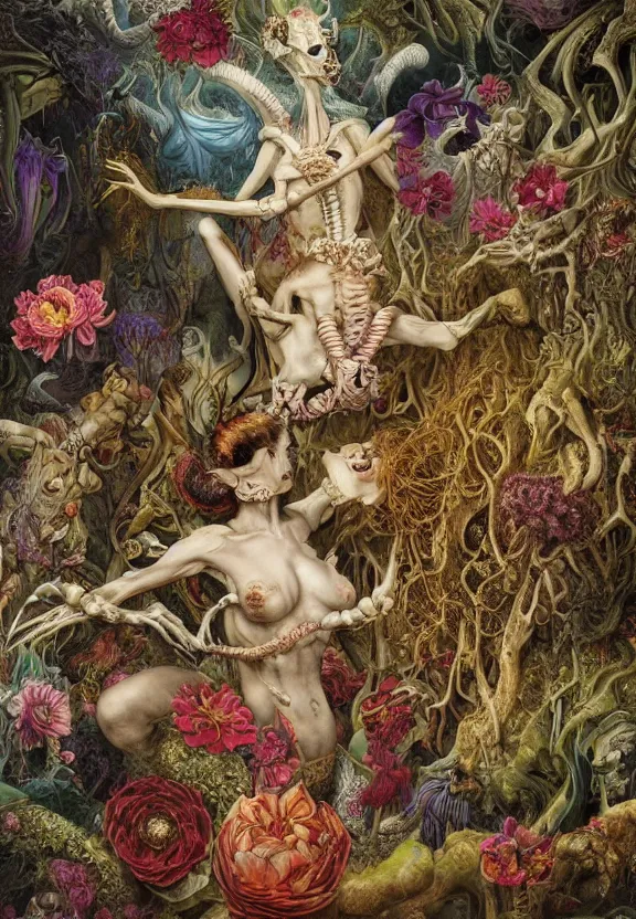 Image similar to simplicity, elegant, colorful muscular eldritch animals and bones radiating from fractal, orchids, dahlias, flowers, mandalas, white bones, by h. r. giger and esao andrews and maria sibylla merian eugene delacroix, gustave dore, thomas moran, pop art, chiaroscuro, biopunk, art nouveau