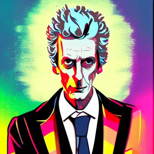 Image similar to a portrait of peter capaldi in retro colors, synthwave style, 2 d digital vector art