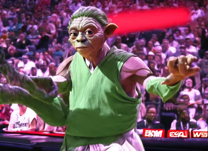 Prompt: ESPN still of Yoda playing in the nba playoffs live on espn, 4k