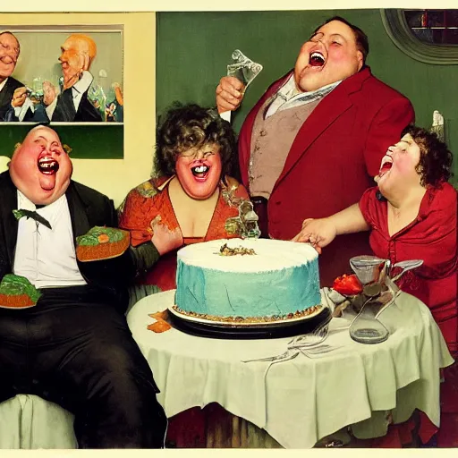 Image similar to a fat man laughs at his wife as she eats a cake in a dark living room, painted by norman rockwell and tom lovell and frank schoonover