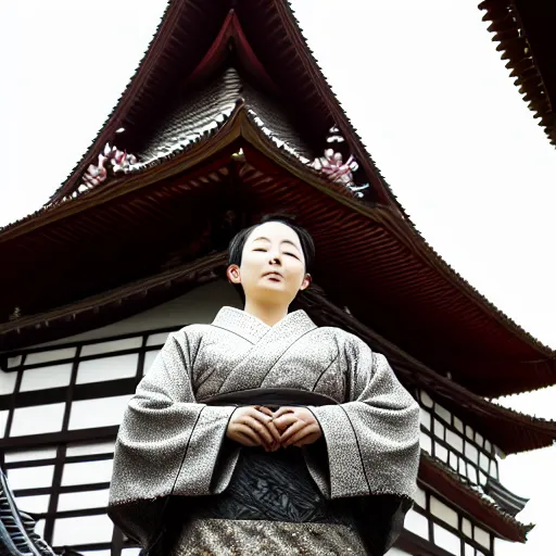 Image similar to photo of beautiful femal nina on top of a Japanese temple, night, cinematic, high detail, 8k,