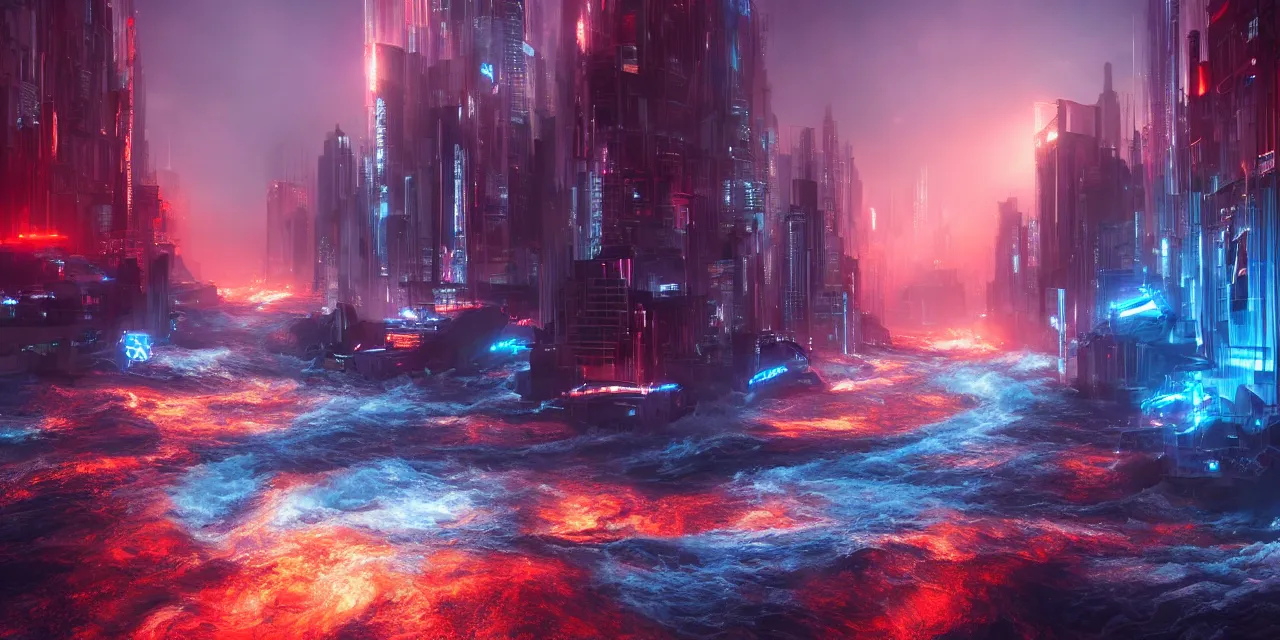 Prompt: turbulent river rapids rushing through a futuristic city at night , volumetric lighting, blue and red glowing lights, 4k, octane, unreal engine, high contrast, high saturation , cinematic film still, by artgerm and greg rutkowski