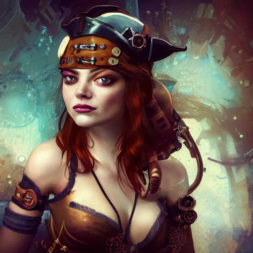 Image similar to underwater steampunk pirate portrait of emma stone, hyper detailed, digital art, trending in artstation, cinematic lighting, studio quality, smooth render, unreal engine 5 rendered, octane rendered, art style by klimt and nixeu and ian sprigger and wlop and krenz cushart.