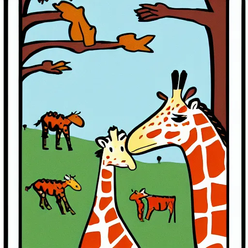 Prompt: giraffe falls for a scam, children's book illustration