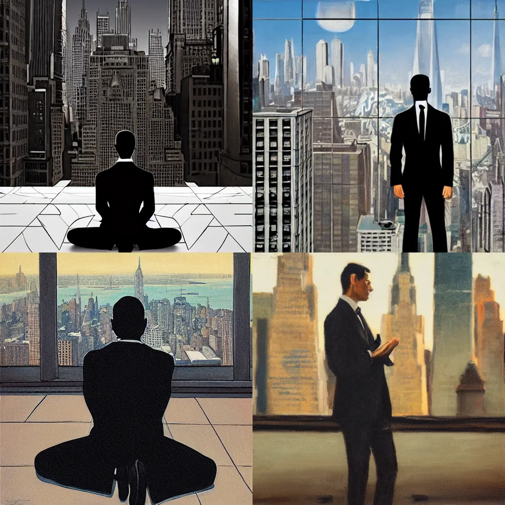 Prompt: man in black suit, meditation pose, new york buildings, city view, leyendecker style