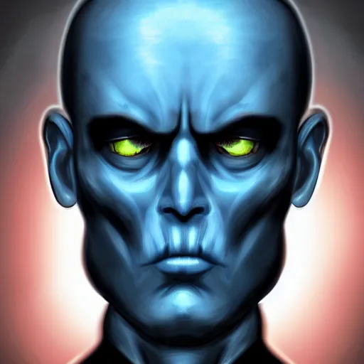 Prompt: centered mid ground full face portrait of an angry soldier with glowing blue eyes, a bald head and blue skin, rogue trooper, cyberpunk dark fantasy art