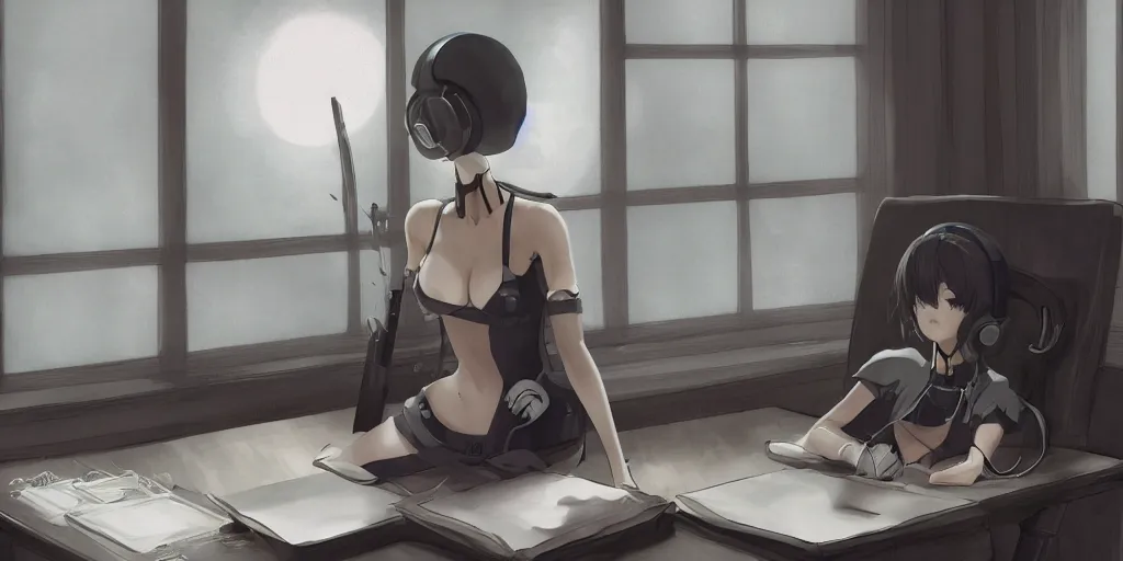 Prompt: 2b from nier automata sitting at a desk studying with headphones on in front of a laptop, background is a tinted window looking out into a white church, Ghibli studio art, high quality anime, photoshop, digital art, detailed facial features, imaginary slice of life