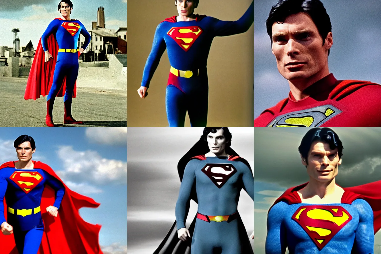 Prompt: still of Cillian Murphy wearing Superman costume from the 1978 movie, highly detailed, old movie