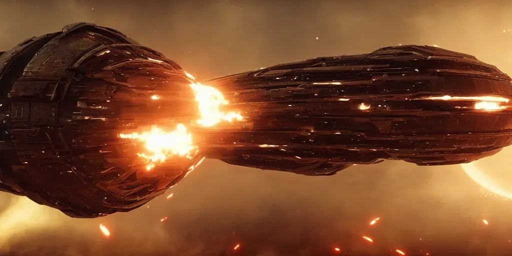 Prompt: exploding spaceship from the movie dune, 2 0 2 1 cinematic 4 k framegrab, intricate abstract spaceship floating, spaceship with straight edges, lots of explosions all over the spaceships