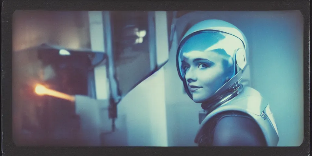 Image similar to vintage polaroid portrait of a beautiful young woman wearing a space helmet, lit from behind, 8k, warm azure tones, color bleed, film grain