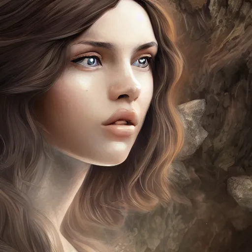 Image similar to A portrait of an attractive young female earth angel, beautiful long brown hair, rocks and stones, intricate, highly detailed, elegant, digital painting, trending on artstation