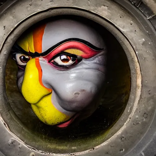 Image similar to clown peeking head out of tank barrel