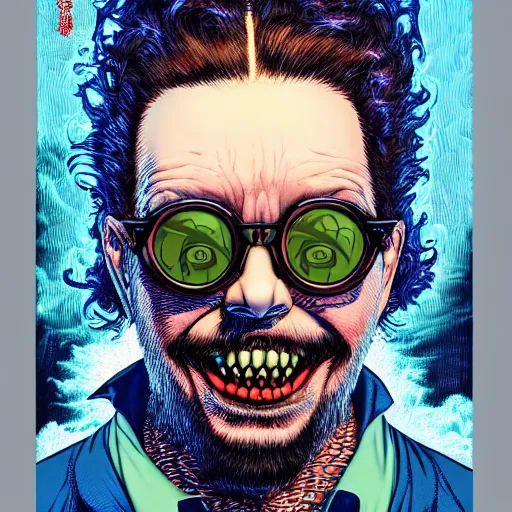 Prompt: portrait of crazy post malone with round digital sunglasses as dracula, symmetrical, by yoichi hatakenaka, masamune shirow, josan gonzales and dan mumford, ayami kojima, takato yamamoto, barclay shaw, karol bak, yukito kishiro