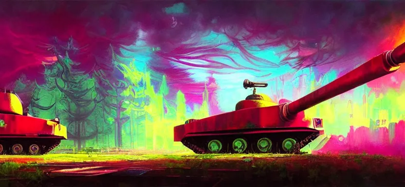 Image similar to beautiful masterpiece painting of a food truck army tank in a future radioactive glowing swamp, halo vehicle, grunge cyberpunk, by Remedios Varo and Anato Finnstark and Greg Rutkowski, dayglo pink, dayglo blue, by Craig Mullins, ilya kuvshinov, krenz cushart, artgerm, 8k, trending on ArtStation