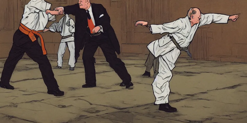 Prompt: Winston Churchill teaching Eisenhower karate. Epic painting by James Gurney and Laurie Greasley.