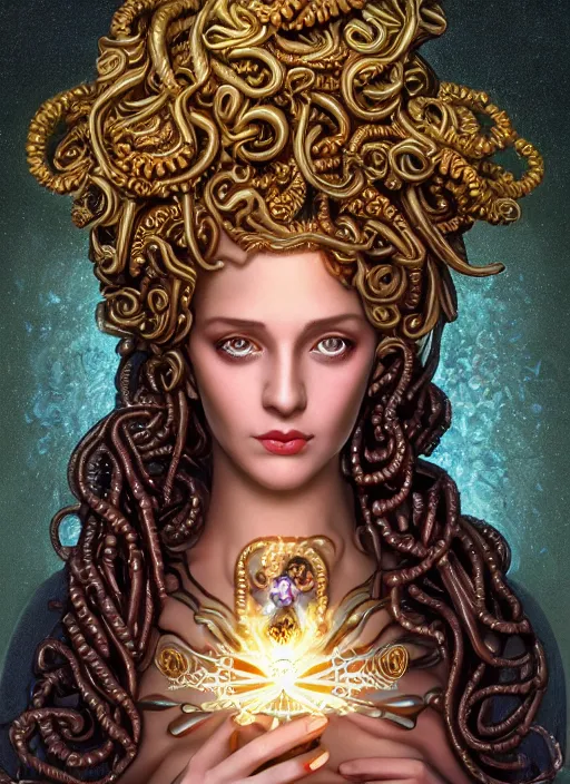 Image similar to professionally-made ultradetailed ornate award winning masterpiece RPG character portrait of beautiful symmetrical art deco Medusa radiating glowing aura, fully clothed with a flowery dress, digital airbrush painting, 3d rim light, hyperrealistic, artstation, cgsociety, kodakchrome, golden ratio, 1985