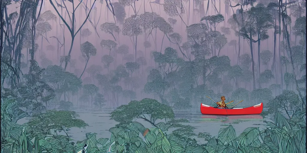 Prompt: canoe on the amazon river, lush jungle, stylised foggy huge forest, by victo ngai, moebius, jean giraud, hyperrealism, intricate detailed