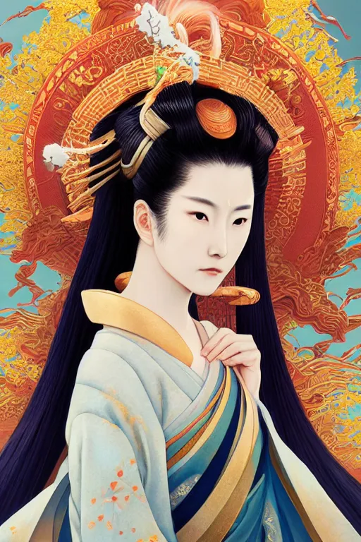 Prompt: japanese goddess, empress, amaterasu, sun in the background, ruling over earth, portrait, majestic, close - up profile, classical japanese kimono, accurate anatomy, pretty face, studio lighting, intricate details, realistic by wlop and ross tran and greg rutkowski, colorful