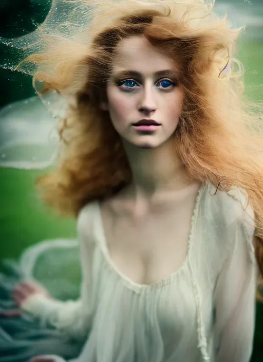 Image similar to cinestill 5 0 d photo of a pre - raphaelite blond beautiful woman, dreamy, hair floating in air in style of paolo roversi, 1 5 0 mm, f 1. 2, emotionally evoking, head in focus, stormy wet clouds outdoor, matt dreamy colour background, volumetric lighting, hyper realistic, ultra detailed