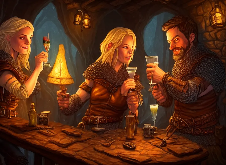 Prompt: a beautiful adventuring couple drinking, dimly-lit cozy tavern, relaxed poses, fantasy art, detailed painterly digital art style by Chip Zdarsky, d&d vibe, leather tunic, chainmail, robes, fireplace, rogue with short dark hair, ranger with long blonde hair, bald dwarf, 🍸, 8k octane beautifully detailed render, post-processing, extremely hyperdetailed, intricate, epic composition, grim yet sparkling atmosphere, cinematic lighting + masterpiece, trending on artstation, very detailed, vibrant colors