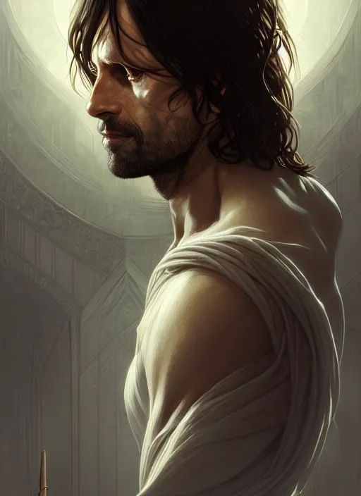 Image similar to symmetry!! portrait of aragorn, intricate, elegant, highly detailed, digital painting, artstation, concept art, smooth, sharp focus, illustration, art by artgerm and greg rutkowski and alphonse mucha