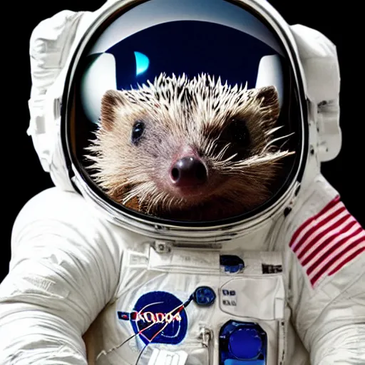 Prompt: high quality photo of hedgehog in astronaut costume on the Moon