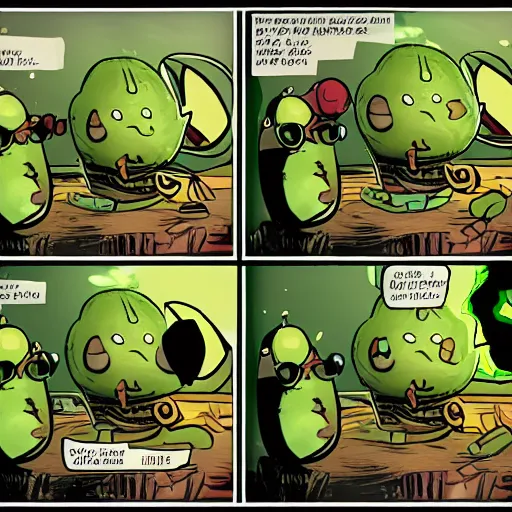 Image similar to a 3 panel comic strip about avocadoes in space, style of bill watterson