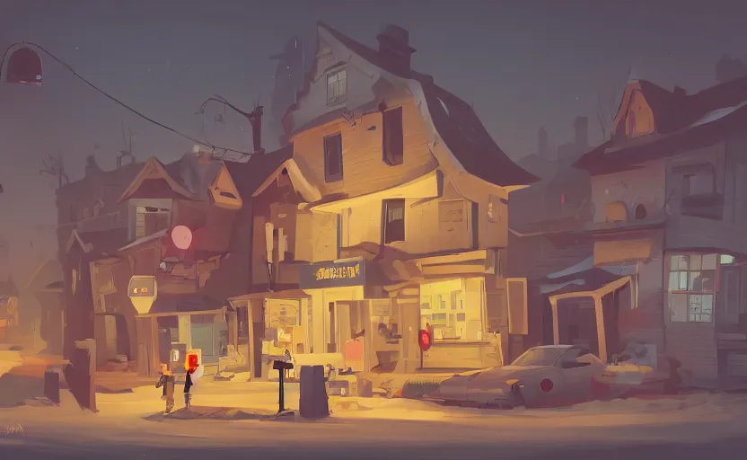 Image similar to a village detective, james gilleard, print, game art