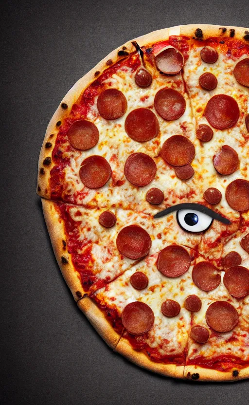 Image similar to photograph. pizza with eyes, photo, photorealistic, realistic, detailed, hyperrealistic, 4 k, 8 k, hdr, 1 6 k