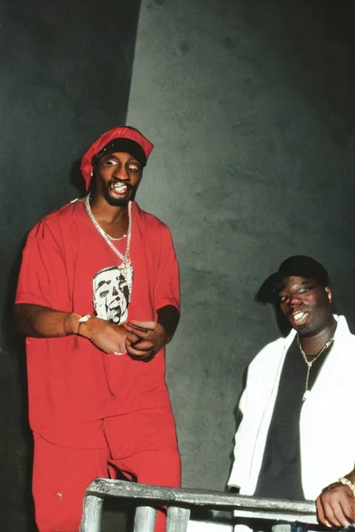 Image similar to Snapshot of smiling Tupac and Biggie on the staircase to Heaven