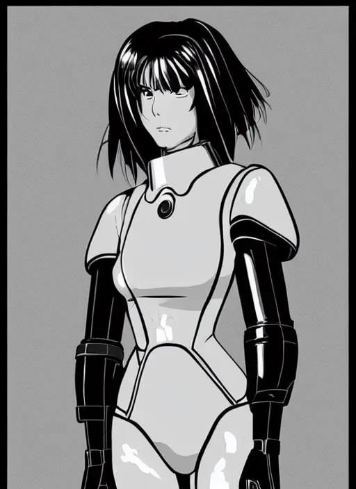 Image similar to Portrait of a female mech pilot in a latex bodysuit, 90s anime, cel-shaded, highly detailed, desaturated, gothic, oppressively atmosphere, poster